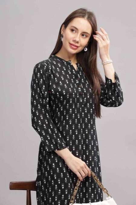 Classic Black Butti Print Kurti: Versatile Style, Lasting Appeal.